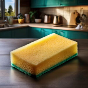 An image of a sponge on a kitchen counter.